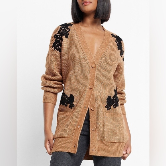Express Sweaters - NWT Women’s Express Butterscotch Black Embroidered Accents Button Up Cardigan XS